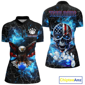 Blue Thunder Lightning American Flag Eagle Skull Women Bowling Shirts Custom Bowling Team Jersey NQS10724