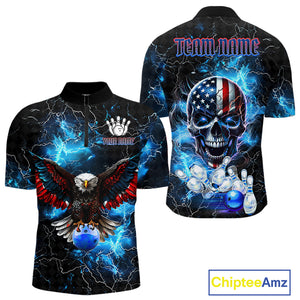 Blue Thunder Lightning American Flag Eagle Skull Mens Bowling Shirts Custom Bowling Team Jersey NQS10724