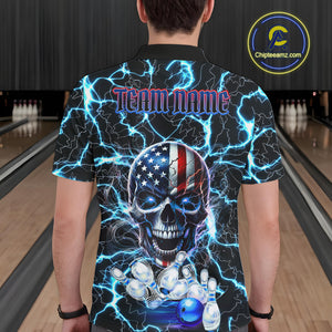 American Flag Eagle Skull Blue Lightning Thunder Mens Bowling Shirts Custom Bowling Team Jersey NQS10725