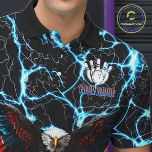 American Flag Eagle Skull Blue Lightning Thunder Mens Bowling Shirts Custom Bowling Team Jersey NQS10725