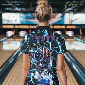 American Flag Eagle Skull Blue Lightning Thunder Women Bowling Shirts Custom Bowling Team Jersey NQS10725