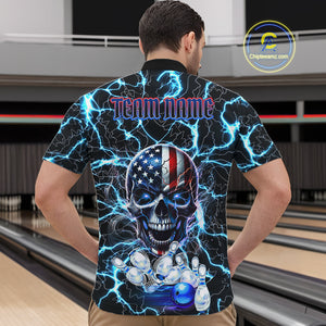 American Flag Eagle Skull Blue Lightning Thunder Mens Bowling Shirts Custom Bowling Team Jersey NQS10725