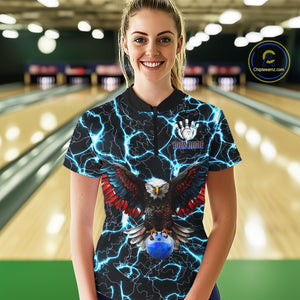 American Flag Eagle Skull Blue Lightning Thunder Women Bowling Shirts Custom Bowling Team Jersey NQS10725