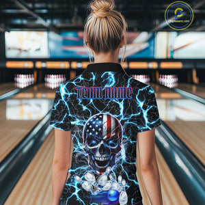 American Flag Eagle Skull Blue Lightning Thunder Women Bowling Shirts Custom Bowling Team Jersey NQS10725