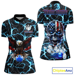 American Flag Eagle Skull Blue Lightning Thunder Women Bowling Shirts Custom Bowling Team Jersey NQS10725