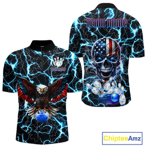 American Flag Eagle Skull Blue Lightning Thunder Mens Bowling Shirts Custom Bowling Team Jersey NQS10725