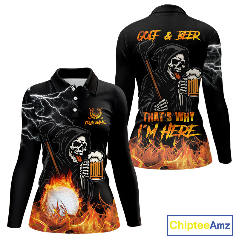 Funny Skull Reaper Lightning Flame Golf Polo Shirts For Women custom Golf & Beer That's why I'm here NQS10932