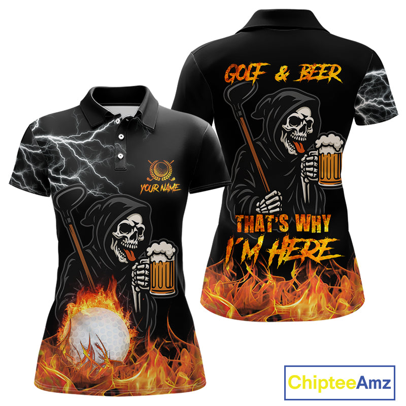 Funny Skull Reaper Lightning Flame Golf Polo Shirts For Women custom Golf & Beer That's why I'm here NQS10932