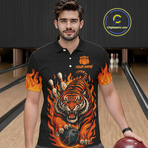 Black and Orange Flame Tiger Bowling Polo, 1/4 Zip Shirts for Men Custom Team Tiger Bowling Jersey NQS10935