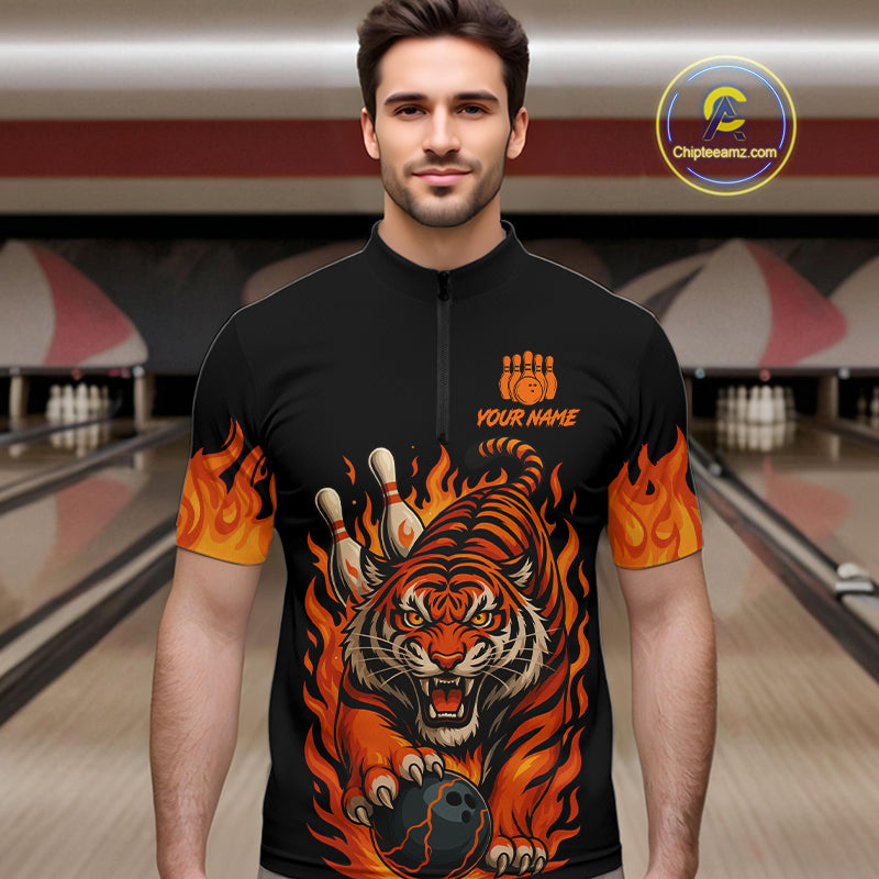 Black and Orange Flame Tiger Bowling Polo, 1/4 Zip Shirts for Men Custom Team Tiger Bowling Jersey NQS10935