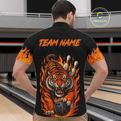 Black and Orange Flame Tiger Bowling Polo, 1/4 Zip Shirts for Men Custom Team Tiger Bowling Jersey NQS10935