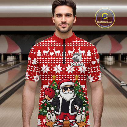 Funny Santa Christmas Mens Bowling Polo, Quarter Zip Shirts Custom Team Bowling Jersey | Red NQS10936