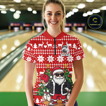 Load image into Gallery viewer, Funny Santa Christmas Women Bowling Polo, Quarter Zip Shirt Custom Team Bowling Jersey | Red NQS10936