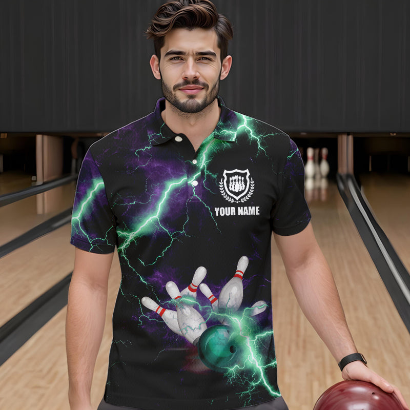 Men bowling shirts Custom Purple green lightning thunder Bowling Team Jersey, gift for team Bowlers NQS9601