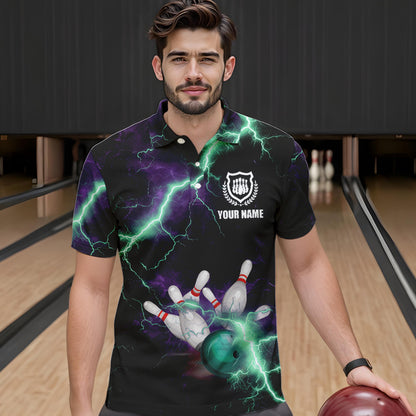 Men bowling shirts Custom Purple green lightning thunder Bowling Team Jersey, gift for team Bowlers NQS9601