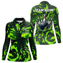 Load image into Gallery viewer, Women bowling Polo, Quarter Zip shirts Custom Green Flame Bowling Team Jersey, gift for team Bowlers NQS9602
