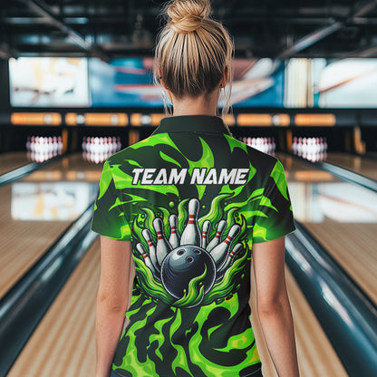 Women bowling Polo, Quarter Zip shirts Custom Green Flame Bowling Team Jersey, gift for team Bowlers NQS9602