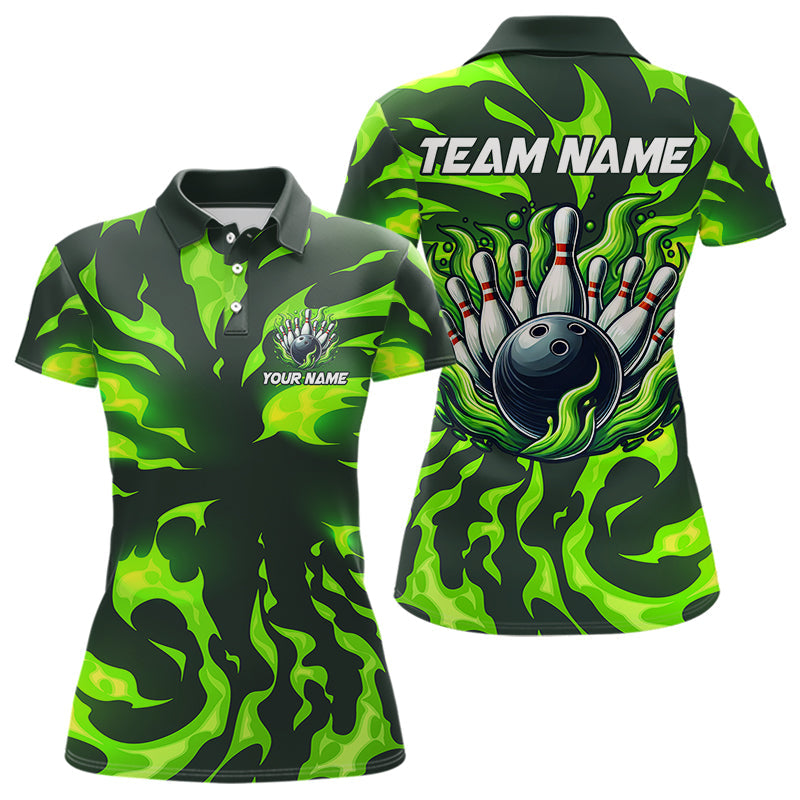 Women bowling Polo, Quarter Zip shirts Custom Green Flame Bowling Team Jersey, gift for team Bowlers NQS9602