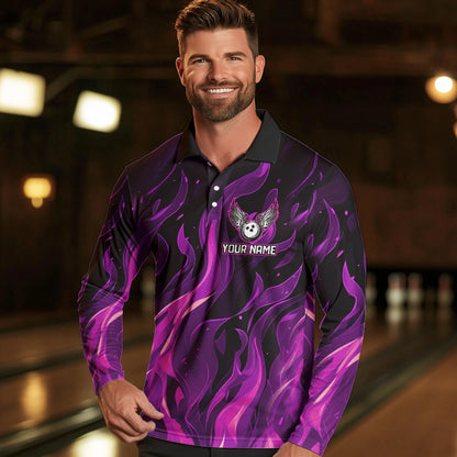Men bowling Polo, Quarter Zip shirts Custom Pink Flame Bowling Team Jersey, gift for team Bowlers NQS9603