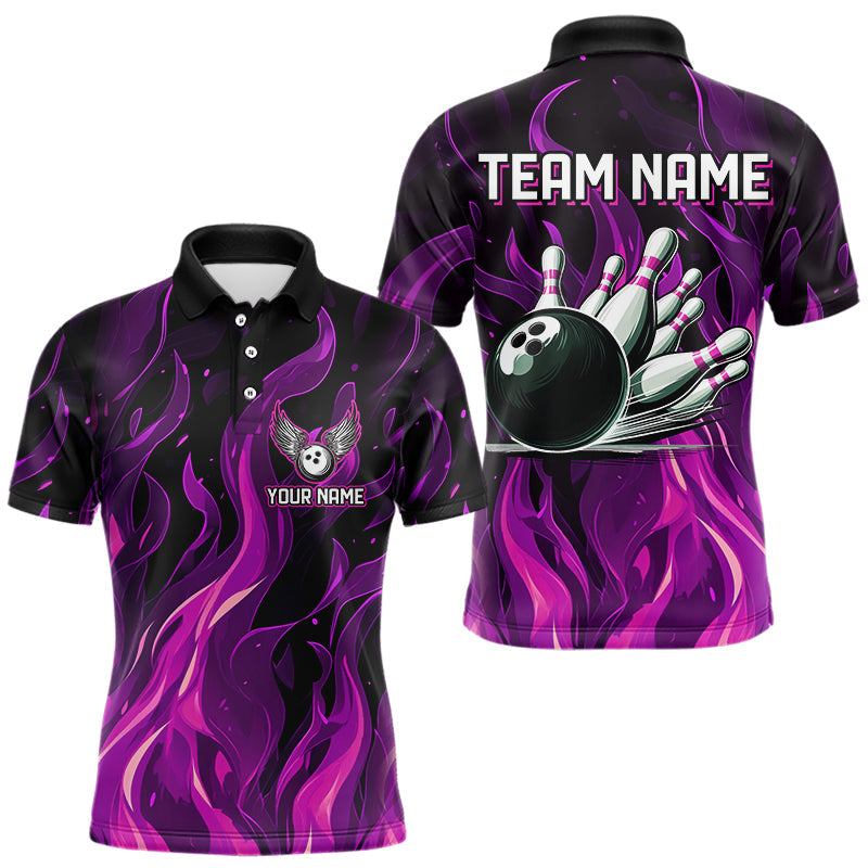 Men bowling Polo, Quarter Zip shirts Custom Pink Flame Bowling Team Jersey, gift for team Bowlers NQS9603