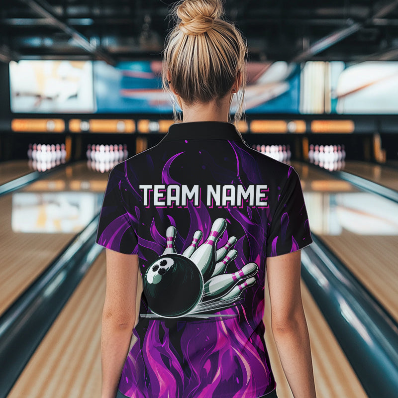 Women bowling Polo, Quarter Zip shirts Custom Pink Flame Bowling Team Jersey, gift for team Bowlers NQS9603