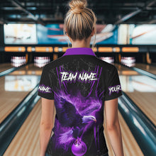 Load image into Gallery viewer, Black and Purple Flame Eagle Bowling Shirt For Women Custom Team Name Bowling Jerseys For Bowlers NQS9749