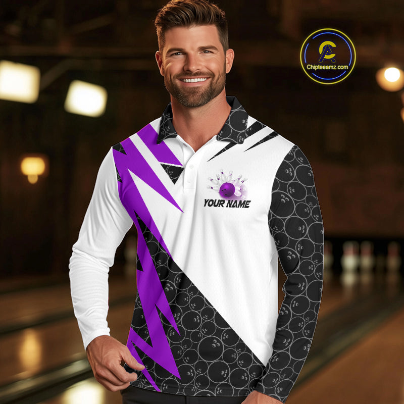 Black and White Bowling Polo, Quarter Zip Shirt for Men Custom Lightning Team bowling jersey | Purple NQS10003