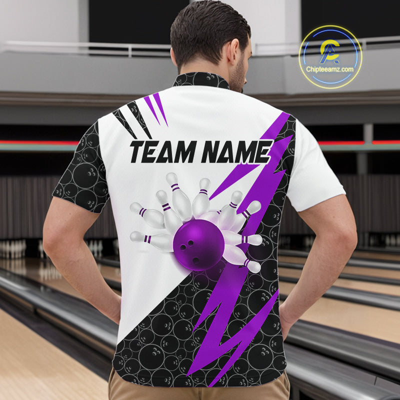 Black and White Bowling Polo, Quarter Zip Shirt for Men Custom Lightning Team bowling jersey | Purple NQS10003