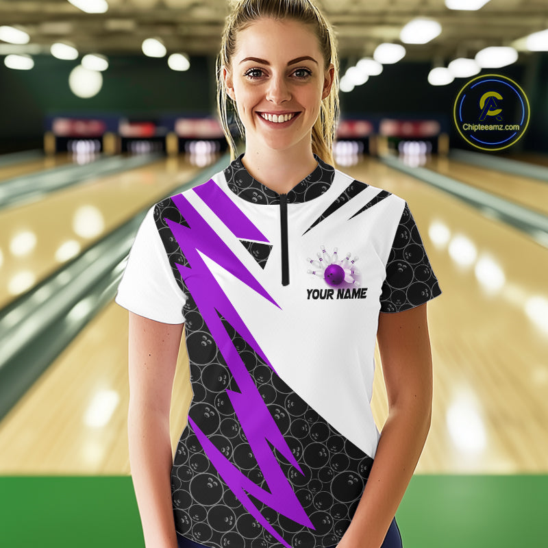 Black & White Bowling Polo, Quarter Zip Shirt for Women Custom Lightning Team bowling jersey | Purple NQS10003