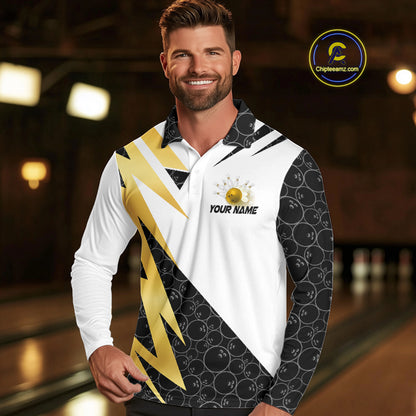 Black and White Bowling Polo, Quarter Zip Shirt for Men Custom Lightning Team bowling jersey | Gold NQS10004