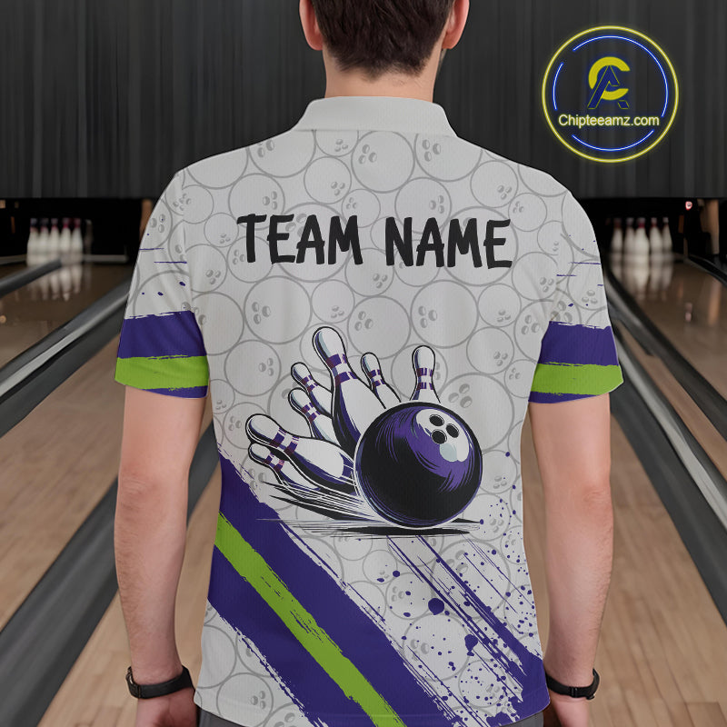 Purple and Green Bowling Camo Polo, 1/4 Zip Shirt for Men Custom Team bowling jersey gift for bowlers NQS10008