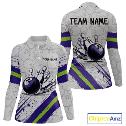 Purple and Green Bowling Camo Women Polo, 1/4 Zip Shirt Custom Team bowling jersey gift for bowlers NQS10008