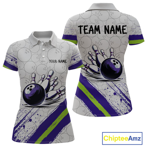 Purple and Green Bowling Camo Women Polo, 1/4 Zip Shirt Custom Team bowling jersey gift for bowlers NQS10008