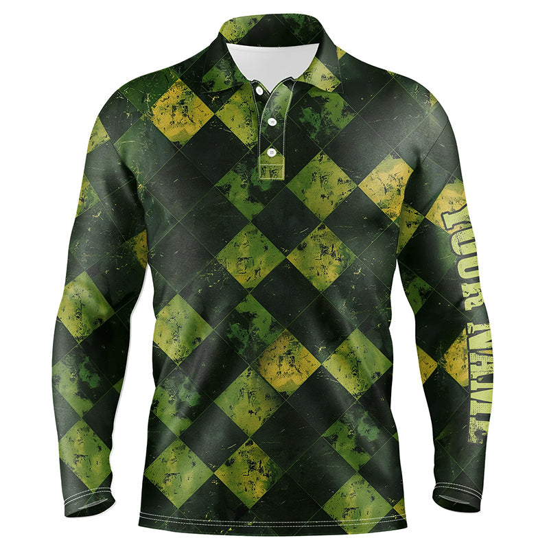 Green and Yellow argyle grunge pattern Men golf polo shirts custom golf apparel for men golf tops NQS8113