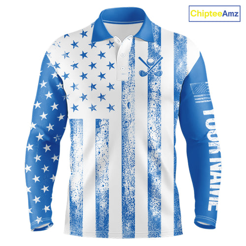 Personalized Blue & White American Flag Retro Men golf polo shirts Custom Patriotic golf top for men NQS10308