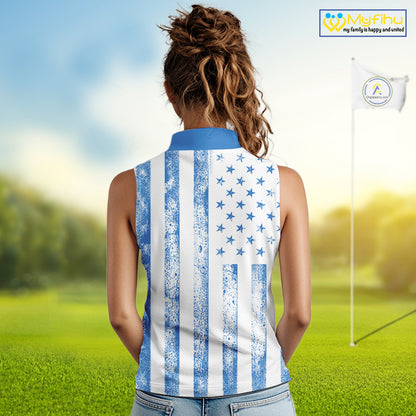 Personalized Blue & White American Flag Retro Women sleeveless polo shirt Patriotic laies golf top NQS10308