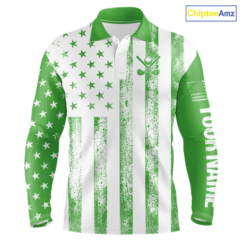 Personalized Green & White American Flag Retro Men golf polo shirts Custom Patriotic golf top for men NQS10309