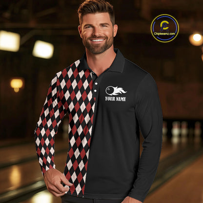 Black and Red Argyle Pattern Retro Bowling Polo, Quarter Zip Shirt for Men Custom Team Bowling Outfit NQS10510