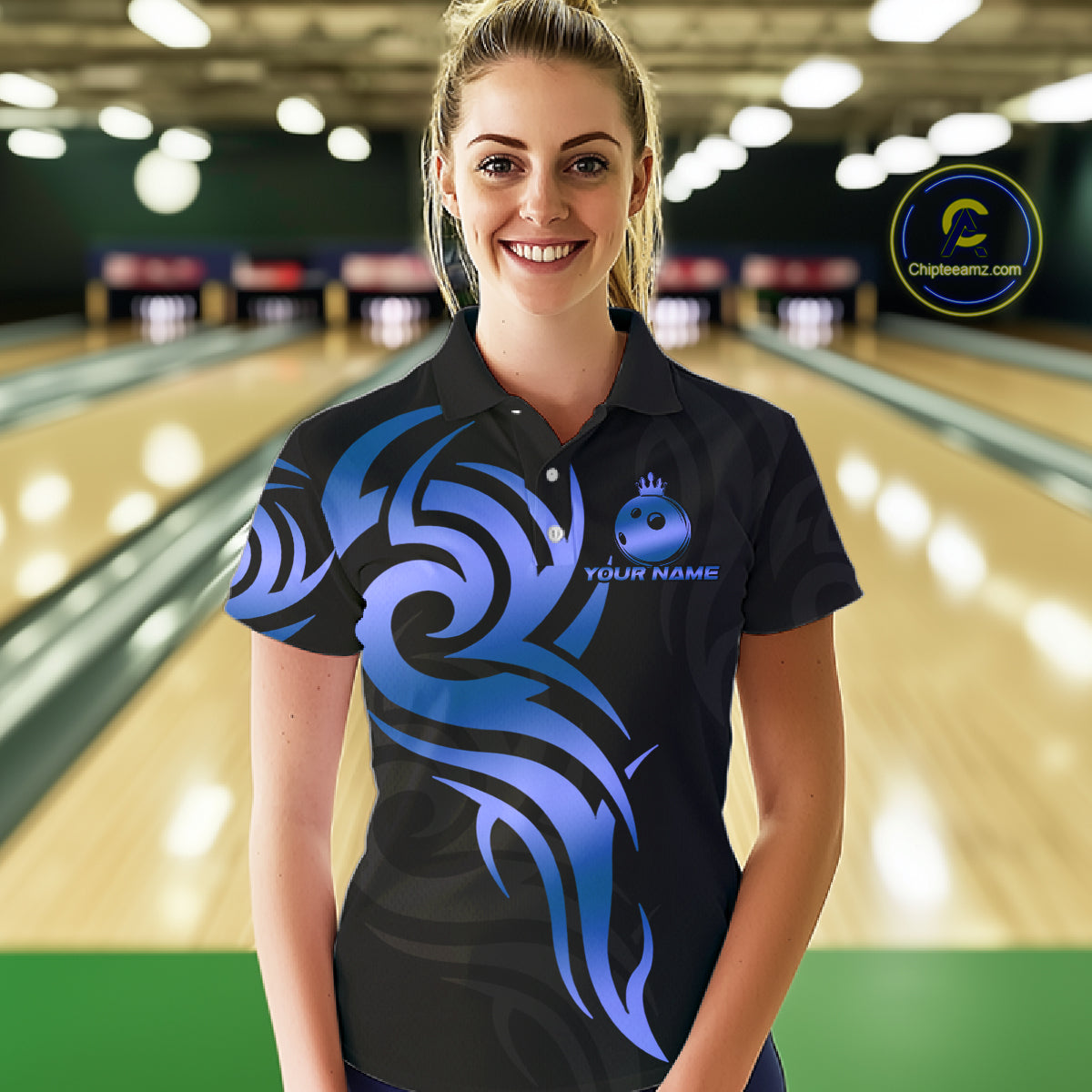Black and Blue crown Bowling ball Polo, Quarter Zip Shirts for Women Custom Bowling Team jerseys NQS10730