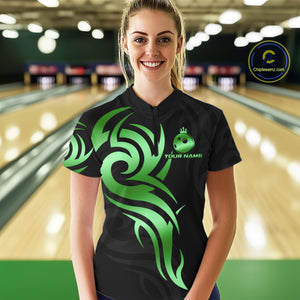 Black and Green crown Bowling ball Polo, Quarter Zip Shirts for Women Custom Bowling Team jerseys NQS10731