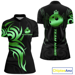 Black and Green crown Bowling ball Polo, Quarter Zip Shirts for Women Custom Bowling Team jerseys NQS10731