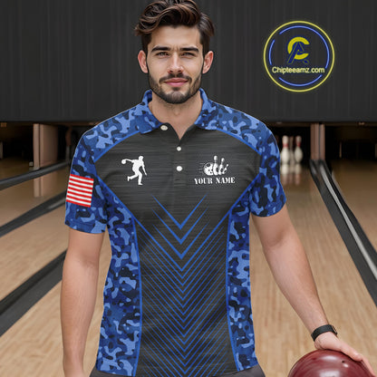 Mens Bowling Polo, Quarter Zip Shirts Custom blue camo American flag team bowling League Jerseys NQS11116
