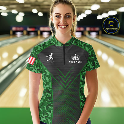 Women Bowling Polo, Quarter Zip Shirts Custom green camo American flag team bowling League Jerseys NQS11117