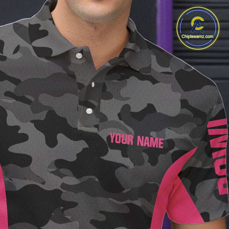 Mens bowling polo, 1/4 zip shirts Custom gray camo Bowling Team Jersey, Bowling League Shirt | Pink NQS11118