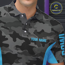 Load image into Gallery viewer, Mens bowling polo, 1/4 zip shirts Custom gray camo Bowling Team Jersey, Bowling League Shirt | Blue NQS11119