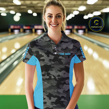 Load image into Gallery viewer, Women bowling polo, 1/4 zip shirts Custom gray camo Bowling Team Jersey, Bowling League Shirt | Blue NQS11119