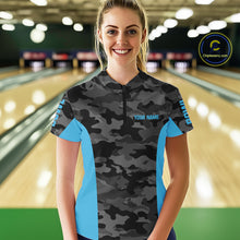 Load image into Gallery viewer, Women bowling polo, 1/4 zip shirts Custom gray camo Bowling Team Jersey, Bowling League Shirt | Blue NQS11119