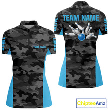Load image into Gallery viewer, Women bowling polo, 1/4 zip shirts Custom gray camo Bowling Team Jersey, Bowling League Shirt | Blue NQS11119