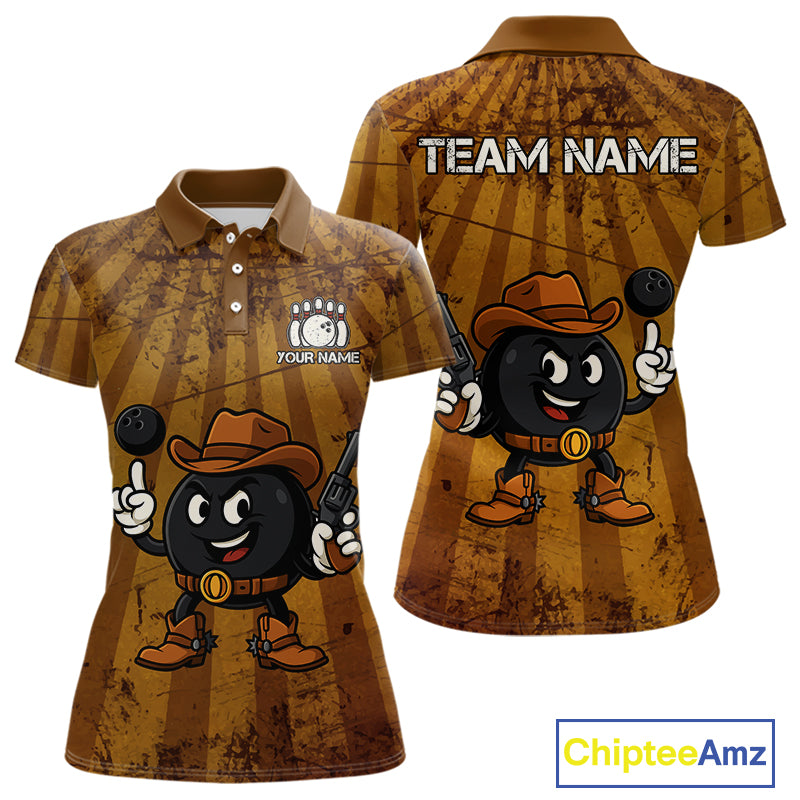 Funny Bowling Cowboy vintage retro Bowling Shirt for Women Custom Team ladies bowling outfits | Brown NQS11128