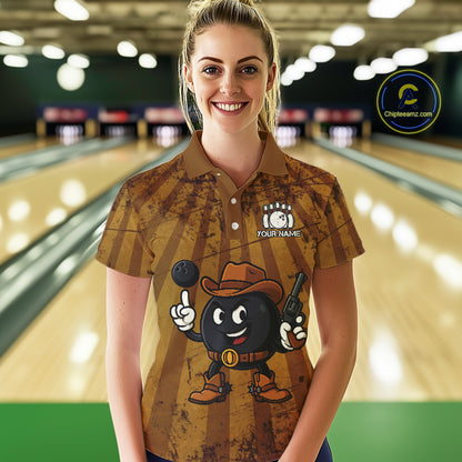 Funny Bowling Cowboy vintage retro Bowling Shirt for Women Custom Team ladies bowling outfits | Brown NQS11128